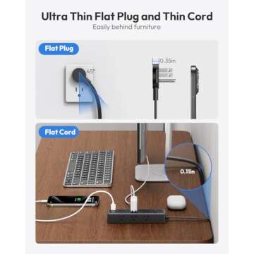 Surge Protector Power Strip,9 Widely Outlets and 3 USB Ports (1 USB-C), 1080 Joules, 5 FT Flat Extension Cord with Multiple Outlets, Wall Mount, Flat Plug, for Home Office, Dorm Essentials, Black