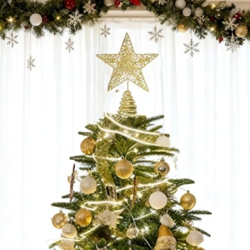 Christmas Tree Topper, Gold Glittered Star with Hollow Design, Tree Topper Star for Christmas Xmas T...