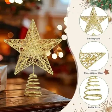 Christmas Tree Topper Gold Glittered Star for Holiday Decor