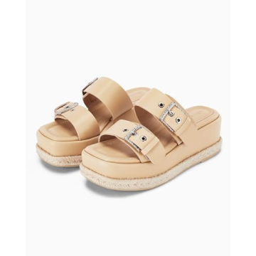 Coutgo Women's Platform Sandals, Adjustable Buckle Slides, Slip on Open Toe Espadrille Summer Shoes, Light Khaki, Size 7