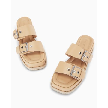 Coutgo Women's Platform Sandals, Adjustable Buckle Slides, Slip on Open Toe Espadrille Summer Shoes, Light Khaki, Size 7