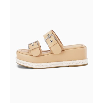 Coutgo Women's Platform Sandals, Adjustable Buckle Slides, Slip on Open Toe Espadrille Summer Shoes, Light Khaki, Size 7