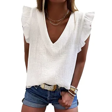 Dokotoo Womens Ladies Cute V Neck Tanks Tops Dressy Casual Elegant Ruffle Sleeveless Shirts Loose Su...