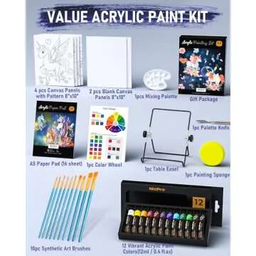 Nicpro 34PCS Kids Painting Set with Pattern Canvas, Art Painting Supplies Kit with 12 Acrylic Paints,10 Brushes,6 Canvas Panels,Table Easel,Paper Pad,Color Wheel,Palette for Beginner Student Toddlers