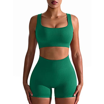 OQQ Workout Outfits for Women 2 Piece Seamless Ribbed High Waist Leggings with Sports Bra Exercise Set Green