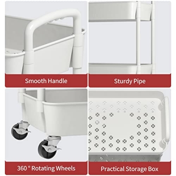 Sywhitta 3-Tier Plastic Rolling Utility Cart with Handle