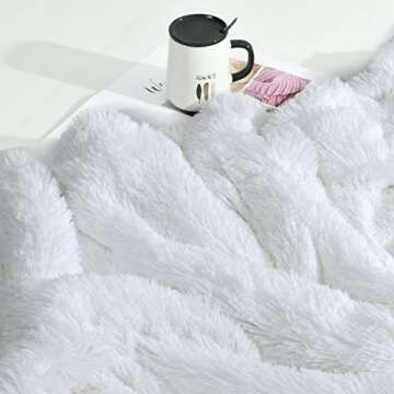 junovo Super Soft Shaggy Longfur Faux Fur Blanket, Fuzzy Throw Blanket for Bed, Fluffy Cozy Plush Light Blanket, Washable Warm Furry Throw Blanket for Couch Sofa Chair Home Decor, 50"x60" Pure White