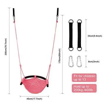 JKsmart Swing Seat for Kids Heavy Duty Rope Play Secure Children Swing Set,Perfect for Indoor,Outdoor,Playground,Home,Tree,with Snap Hooks and Swing Straps,440 lbs Capacity,Pink