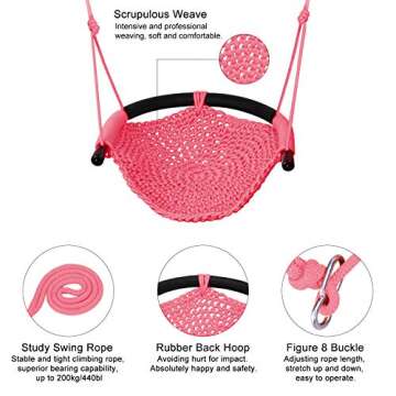JKsmart Swing Seat for Kids Heavy Duty Rope Play Secure Children Swing Set,Perfect for Indoor,Outdoor,Playground,Home,Tree,with Snap Hooks and Swing Straps,440 lbs Capacity,Pink