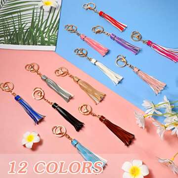 Hicarer 12 Pieces Leather Tassels Keychain Key Rings Circle PU Leather Women Tassel Keychain Bulk La...