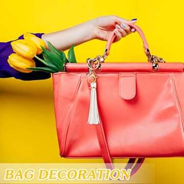 Hicarer 12 Pieces Leather Tassels Keychain Key Rings Circle PU Leather Women Tassel Keychain Bulk Lanyard Key Chain Holder with Lobster Swivel Bag Pendant Accessories Key Wallet