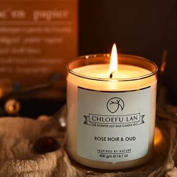 Chloefu LAN Rose Noir & Oud Scented Candle Luxury Soy Large Candle Jar 14.1 oz,100 Hours Long Lasting Burning Highly Scented Candle,Valentines Day Gifts for Her