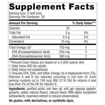 Nordic Naturals Arctic Cod Liver Oil, Lemon - 90 Soft Gels - 750 mg Total Omega-3s with EPA & DHA - ...