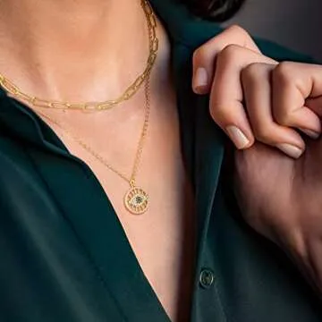 KissYan Gold Layered Evil Eye Pendant Necklace for Women, Dainty 14K Gold Plated Layering Round Necklace Set Adjustable Paperclip Link Chain Cubic Zirconia Ojo Jewelry