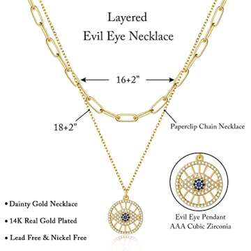 KissYan Gold Layered Evil Eye Pendant Necklace for Women, Dainty 14K Gold Plated Layering Round Necklace Set Adjustable Paperclip Link Chain Cubic Zirconia Ojo Jewelry