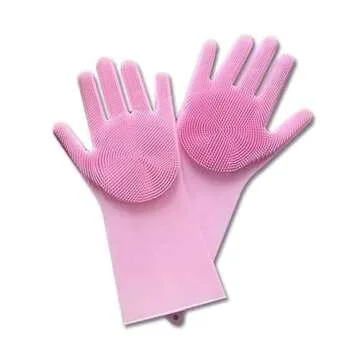 Forliver Cleaning Dishwashing Gloves, Silicone Reusable Cleaning Brush Heat Resistant Scrubber Gloves for Housework, Kitchen, Bathroom, Car, 1 Pair (Large)