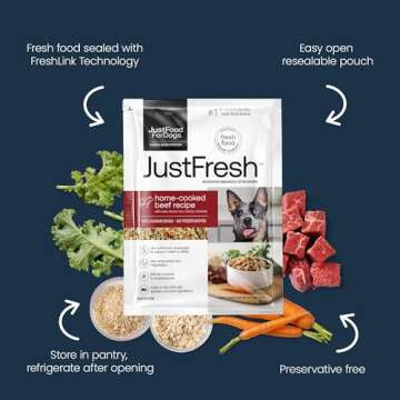 JustFoodForDogs JustFresh Home-Cooked Beef Dog Food with No Preservatives, Resealable Package, Human Grade Wet Dog Food, 12 oz - 7 Pack