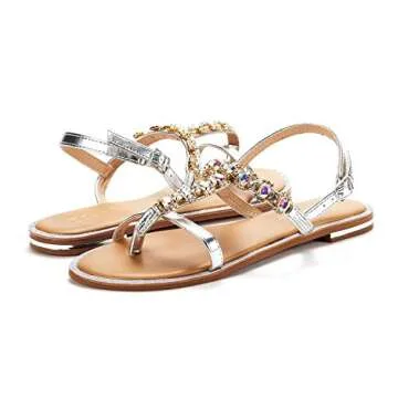 DREAM PAIRS Women's Silver T-Strap Flat Sandals Size 8.5 M US