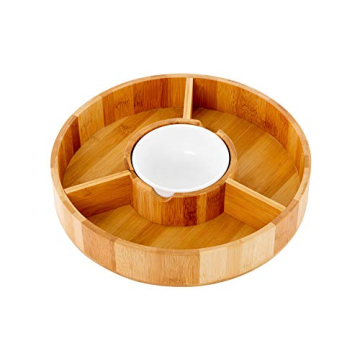 Chip and Dip Serving Bowl – Wooden Appetizer Platter Set with Dip Cup for Salsa, Guacamole, Nacho,...