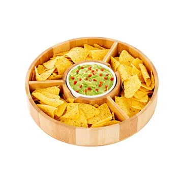 Chip and Dip Serving Bowl – Wooden Appetizer Platter Set with Dip Cup for Salsa, Guacamole, Nacho, Vegetables, Taco Chip, Snacks and More – 12 Inch Diameter