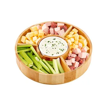 Chip and Dip Serving Bowl – Wooden Appetizer Platter Set with Dip Cup for Salsa, Guacamole, Nacho, Vegetables, Taco Chip, Snacks and More – 12 Inch Diameter