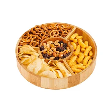 Chip and Dip Serving Bowl – Wooden Appetizer Platter Set with Dip Cup for Salsa, Guacamole, Nacho, Vegetables, Taco Chip, Snacks and More – 12 Inch Diameter