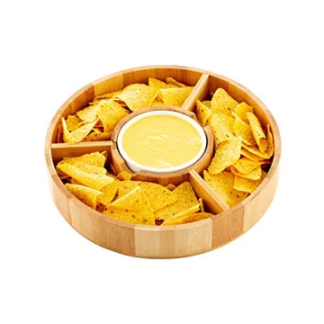Chip and Dip Serving Bowl – Wooden Appetizer Platter Set with Dip Cup for Salsa, Guacamole, Nacho, Vegetables, Taco Chip, Snacks and More – 12 Inch Diameter