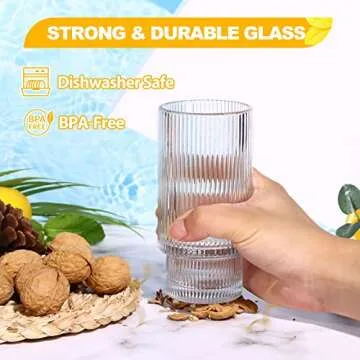 Aofmee Ribbed Drinking Glasses, Ribbed Glass Cups 12 oz, Ribbed Glassware Set of 4, Tall Glasses for Drinks Iced Tea Latte Smoothie Juice, Stackable Dinner Glass with Straw, Fluted Glassware