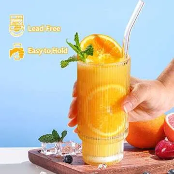 Aofmee Ribbed Drinking Glasses, Ribbed Glass Cups 12 oz, Ribbed Glassware Set of 4, Tall Glasses for Drinks Iced Tea Latte Smoothie Juice, Stackable Dinner Glass with Straw, Fluted Glassware