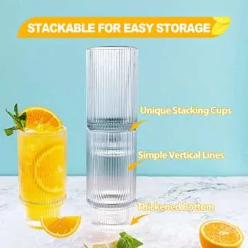 Aofmee Ribbed Drinking Glasses, Ribbed Glass Cups 12 oz, Ribbed Glassware Set of 4, Tall Glasses for Drinks Iced Tea Latte Smoothie Juice, Stackable Dinner Glass with Straw, Fluted Glassware