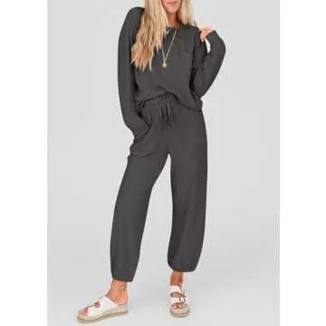 KIRUNDO Women's Spring 2 Piece Outfits Ribbed Knit Lounge Sets Long Sleeve Pullover Drawstring Jogger Pants Tracksuit Set(Dark Grey, Large)