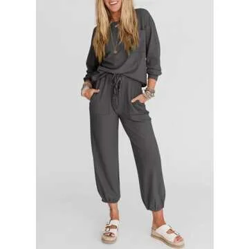 KIRUNDO Women's Spring 2 Piece Outfits Ribbed Knit Lounge Sets Long Sleeve Pullover Drawstring Jogger Pants Tracksuit Set(Dark Grey, Large)