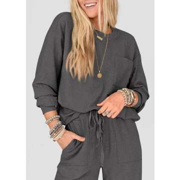 KIRUNDO Women's Spring 2 Piece Outfits Ribbed Knit Lounge Sets Long Sleeve Pullover Drawstring Jogger Pants Tracksuit Set(Dark Grey, Large)