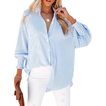 Women's Smocked Cuffed Striped Boyfriend Shirt with Pocket Casual Collar Long Sleeve Blouse Tops for...