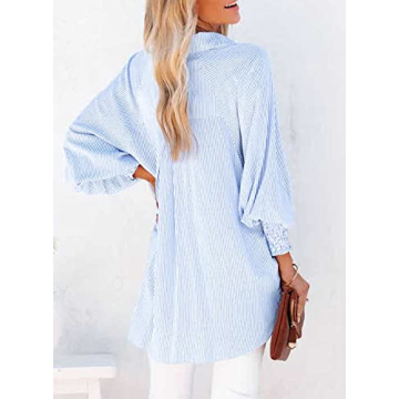 Women's Smocked Cuffed Striped Boyfriend Shirt with Pocket Casual Collar Long Sleeve Blouse Tops for Pocket Shirred Blue
