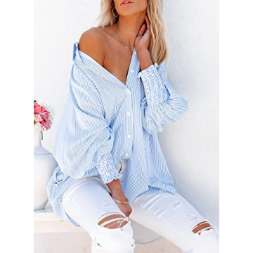 Women's Smocked Cuffed Striped Boyfriend Shirt with Pocket Casual Collar Long Sleeve Blouse Tops for Pocket Shirred Blue