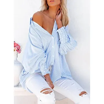 Women's Smocked Cuffed Striped Boyfriend Shirt with Pocket Casual Collar Long Sleeve Blouse Tops for Pocket Shirred Blue