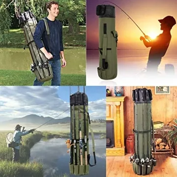 Allnice Sturdy Canvas Fishing Rod & Reel Organizer Bag Travel Carry Case Bag- Holds 5 Poles & Tackle (Khaki Green)