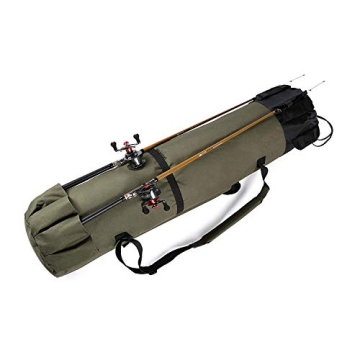 Allnice Sturdy Canvas Fishing Rod & Reel Organizer Bag Travel Carry Case Bag- Holds 5 Poles & Tackle (Khaki Green)