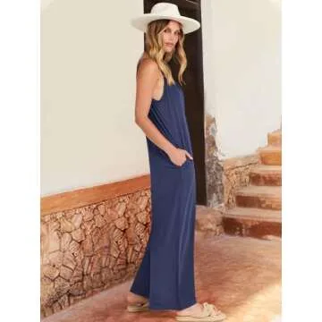 ANRABESS Women Summer Casual Sleeveless Spaghetti Strap Boho Wide Leg Jumpsuits Rompers Dressy 2024 Trendy Outfits Clothes Navyblue Small