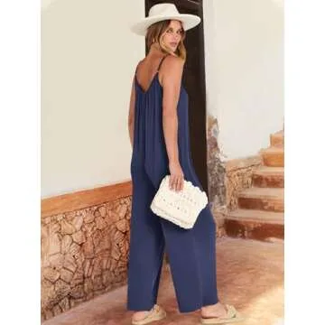 ANRABESS Women Summer Casual Sleeveless Spaghetti Strap Boho Wide Leg Jumpsuits Rompers Dressy 2024 Trendy Outfits Clothes Navyblue Small
