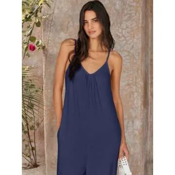 ANRABESS Women Summer Casual Sleeveless Spaghetti Strap Boho Wide Leg Jumpsuits Rompers Dressy 2024 Trendy Outfits Clothes Navyblue Small