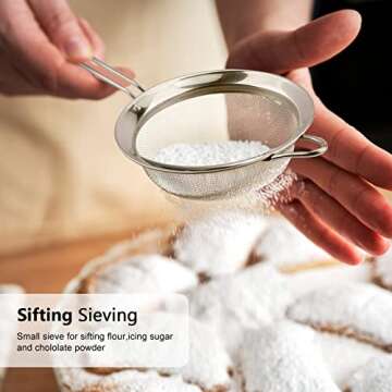 D Fine Mesh Strainer, Stainless Steel Sieve Sifter with Handle, Small Metal Strainer for Loose Tea, Juice, Drink, Herbs, Mini Sifter for Flour, Matcha, Kitchen, Baking, 3-Inch (8x3, Silver)