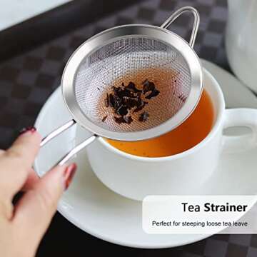 D Fine Mesh Strainer, Stainless Steel Sieve Sifter with Handle, Small Metal Strainer for Loose Tea, Juice, Drink, Herbs, Mini Sifter for Flour, Matcha, Kitchen, Baking, 3-Inch (8x3, Silver)