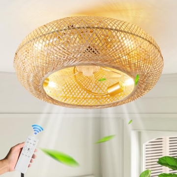 20" Boho Ceiling Fans with Lights and Remote Control, Rattan Caged Flush Mount Ceiling Fan with Ligh...