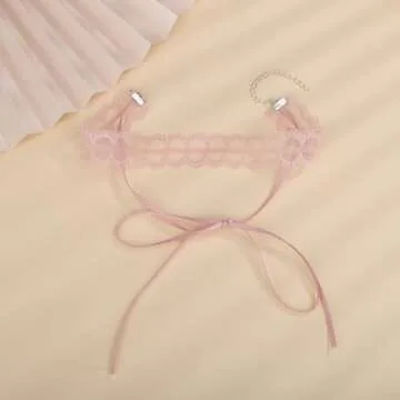 BERYUAN Vinatge Lace Bowknot Choker Necklace Lace Pattern Collar Choker Gothic Lace Bow-knot Choker Dainty Lace Bow-knot Collar Choker Halloween Costume Necklace for Women (pink)