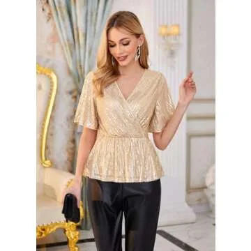 Women Sexy Tops Sparkly Shimmer Party Shirt Wrap V Neck Ruffle Hem Split Sleeve Glitter Peplum Top Champagne L