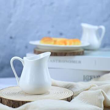 Sizikato 2pcs Pure White Ceramic Creamer with Handle, Mini Coffee Milk Creamer Pitcher. 2.6 Oz