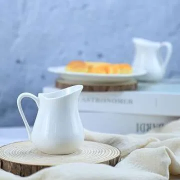 Sizikato 2pcs Pure White Ceramic Creamer with Handle, Mini Coffee Milk Creamer Pitcher. 2.6 Oz