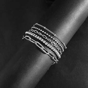 CONRAN KREMIX Silver Chain Bracelet for Women,Stake Layered Dainty Link Paperclip Bracelets Set,Trendy Silver Jewelry For Women